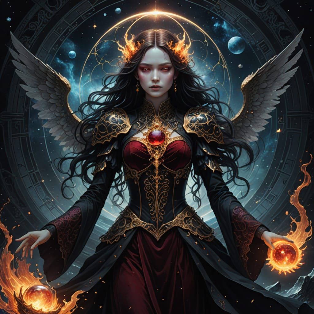 Gothic Angel Poses Fiercely in Cosmic Observatory