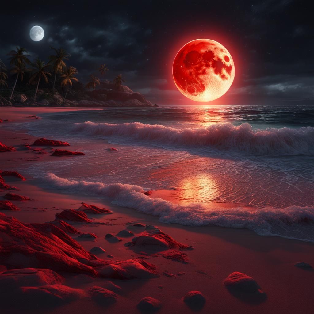 Flaming Red Eye on Moonlit Beach in Detailed Digital Art