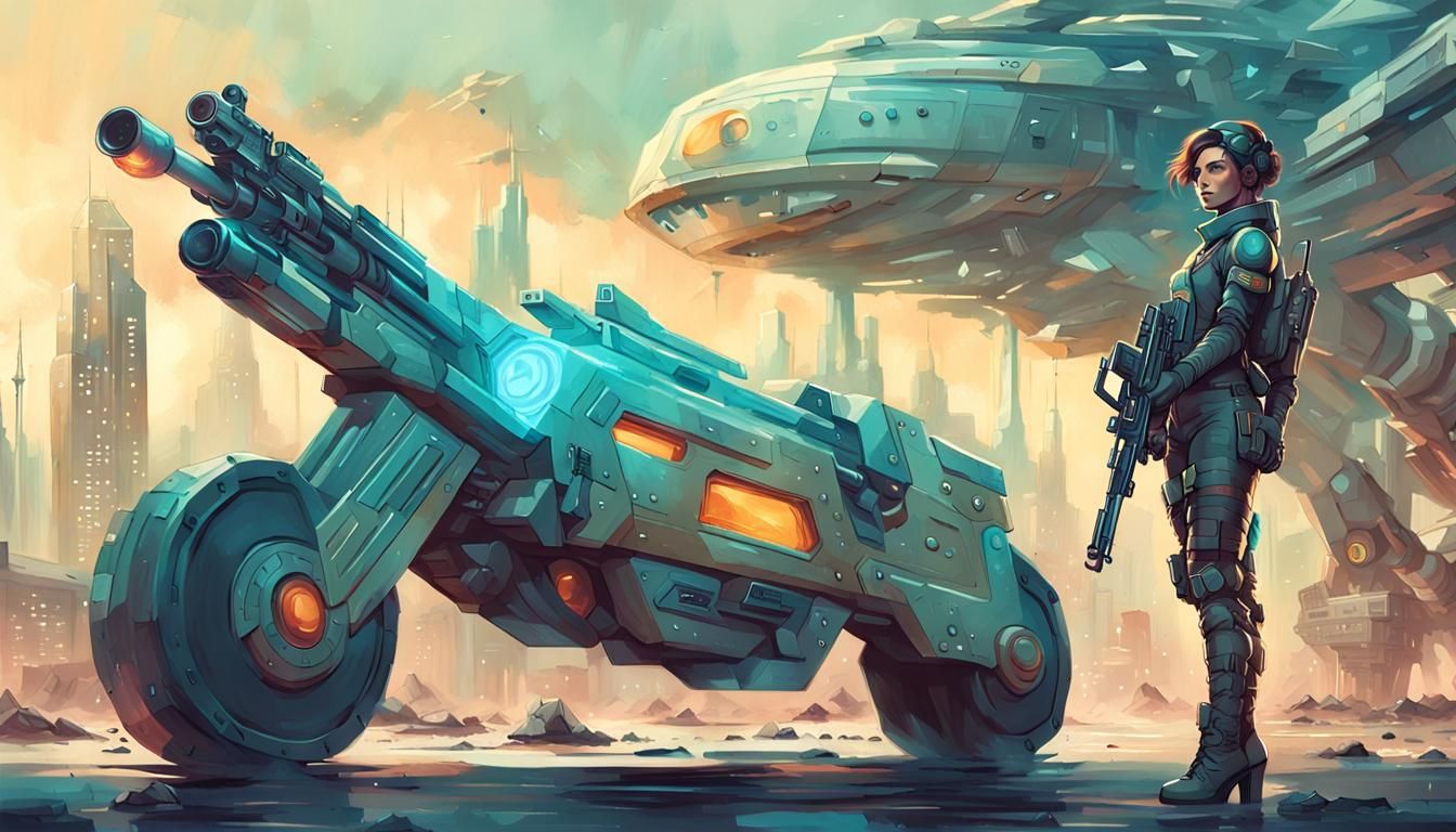 Retro Futuristic Soldier Woman in Cityscape