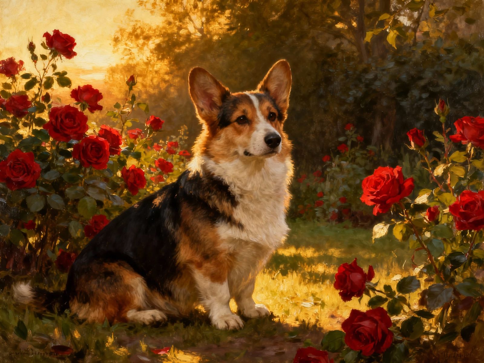 Regal Corgi Sits in Rose Garden Oil Painting