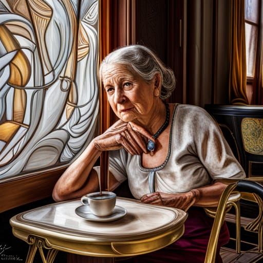 Art Nouveau Painting of Woman at Cafe