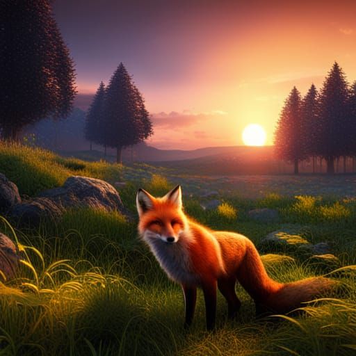 Fox in Field: Vibrant Matte Painting