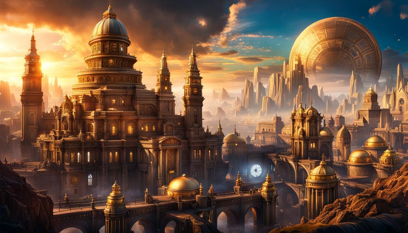 Steampunk City of Old Gods in Golden Light