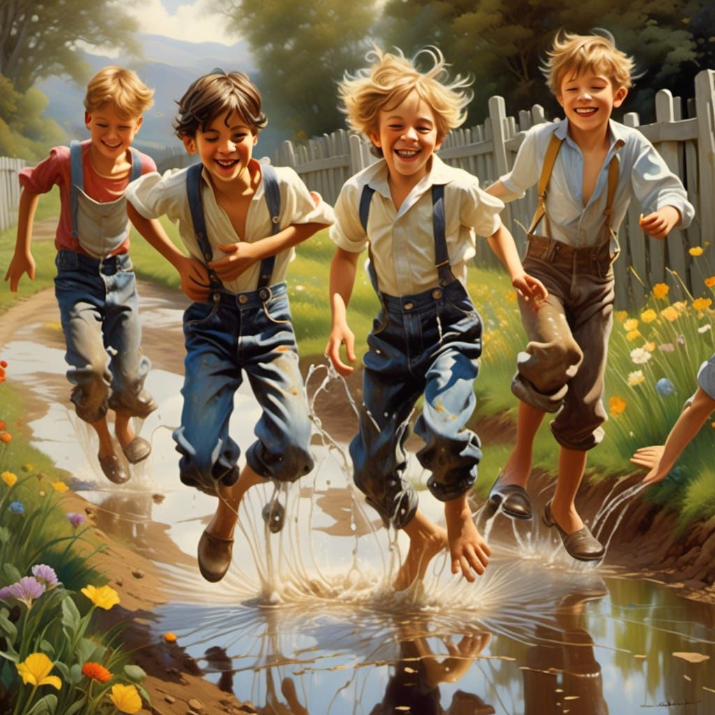 The boys demonstrate the high splashability index of a good mud hole