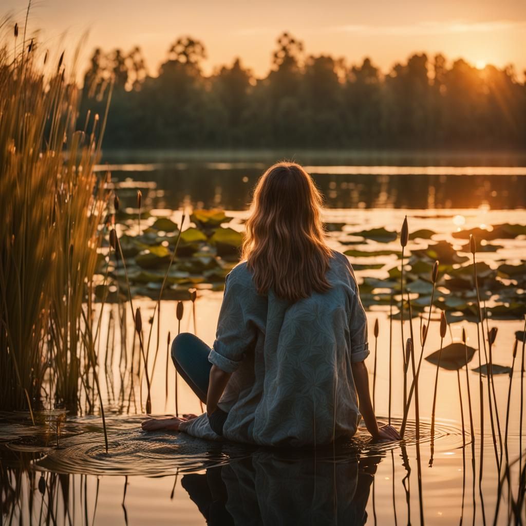 Woman at Sunset Lake: Impressionist Photography