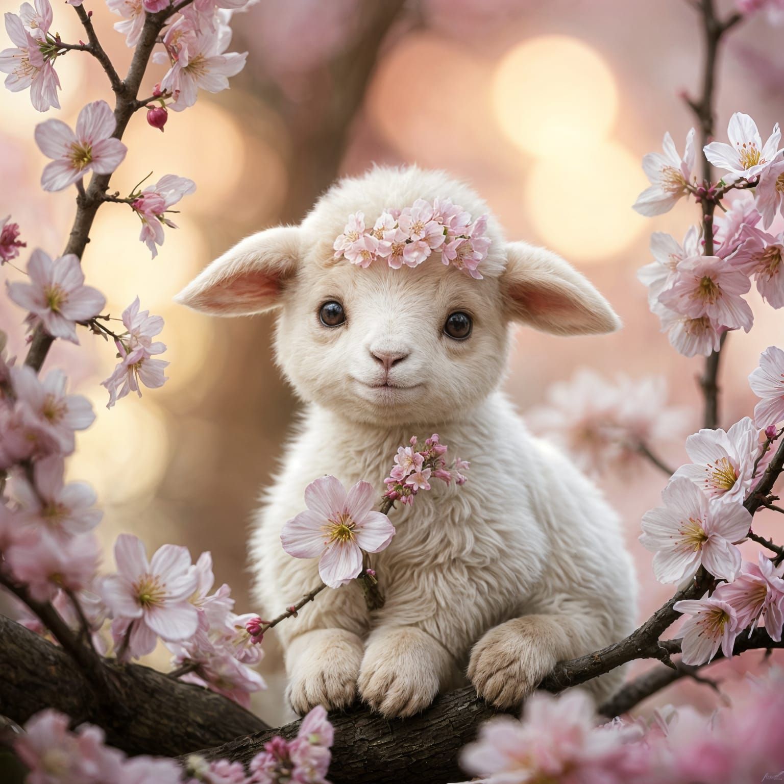 Peaceful Lamb Surrounded by Cherry Blossoms in a Dreamy Land...