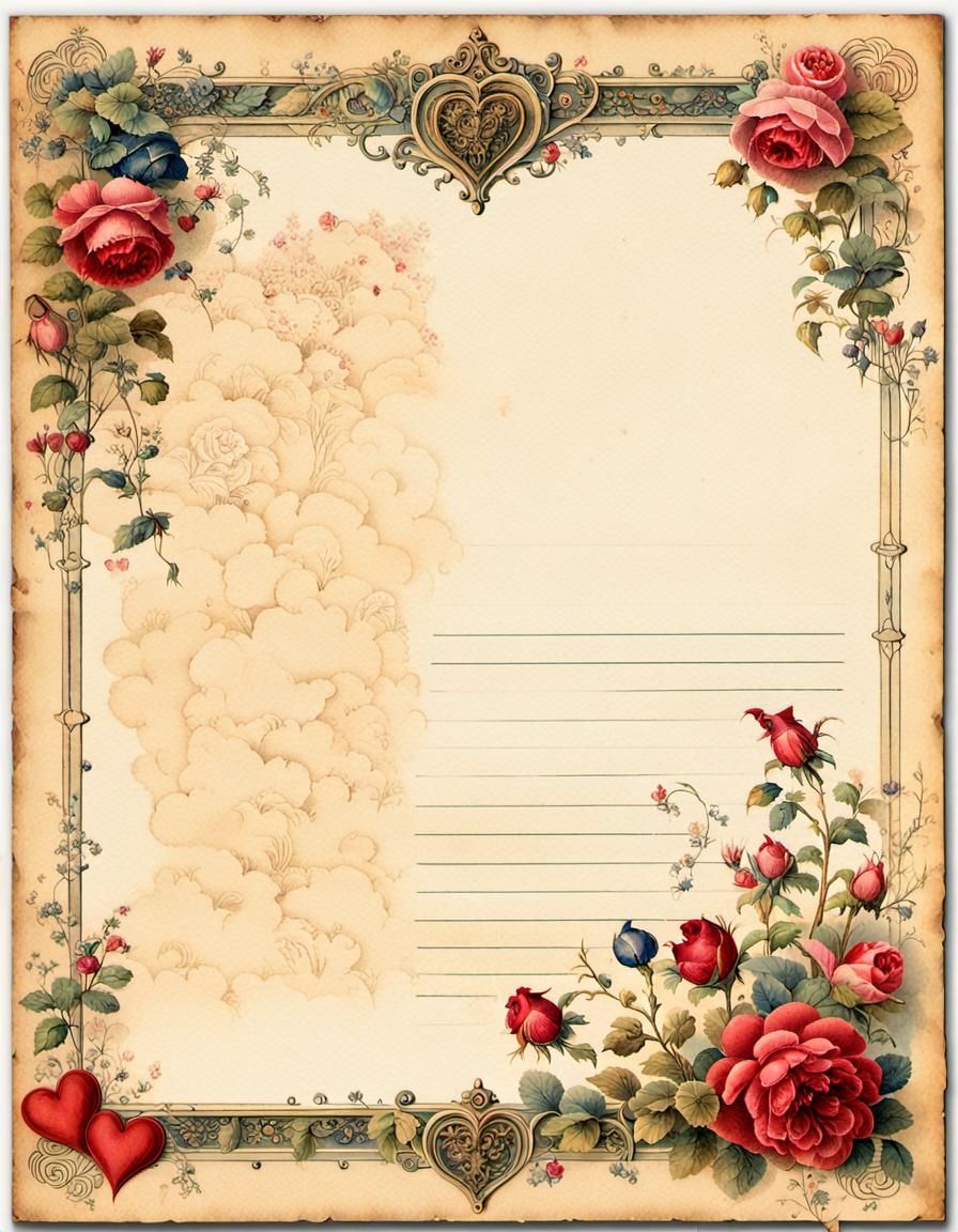 Vintage Valentine Stationery with Hearts and Roses