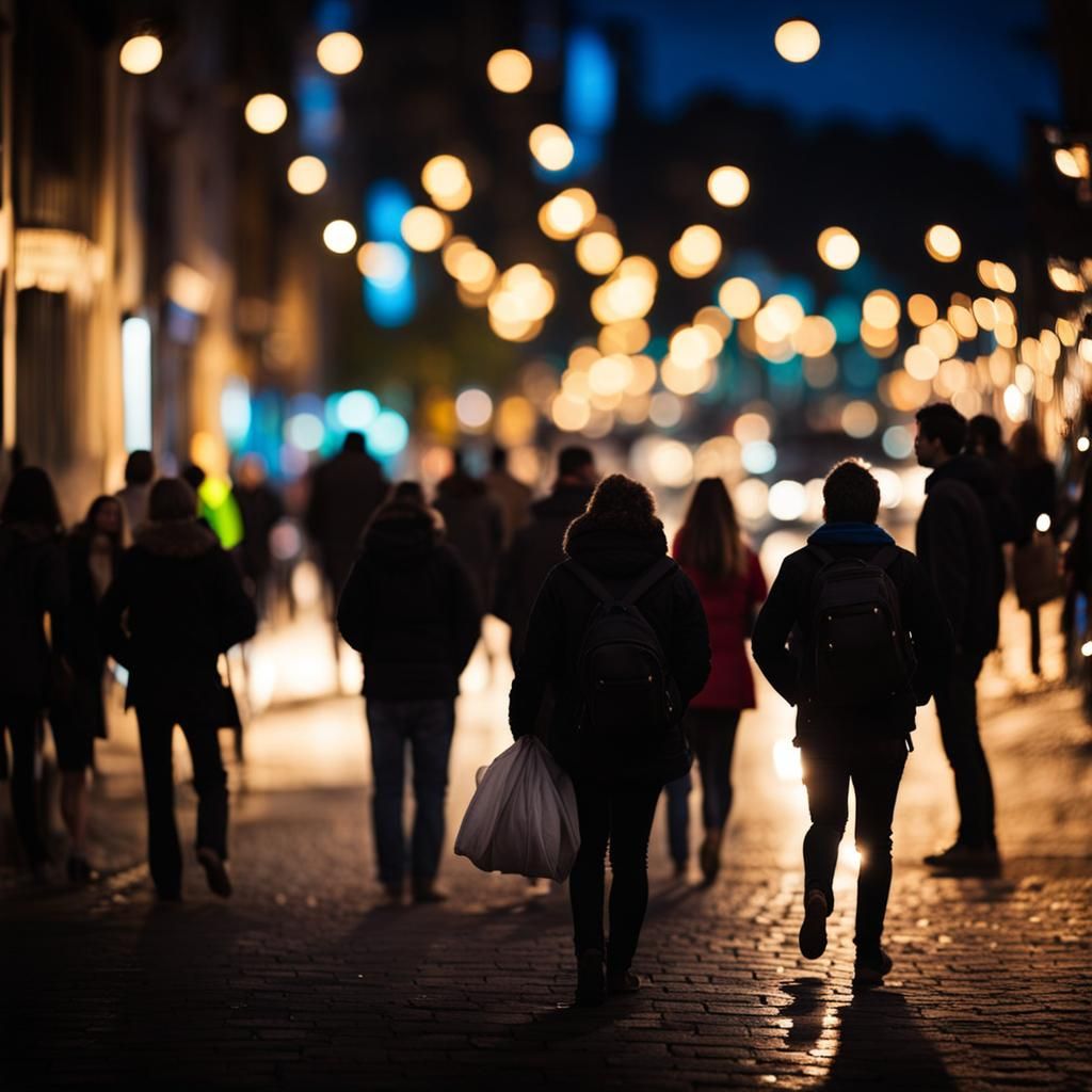 People Walking at Night with Bokeh Effect