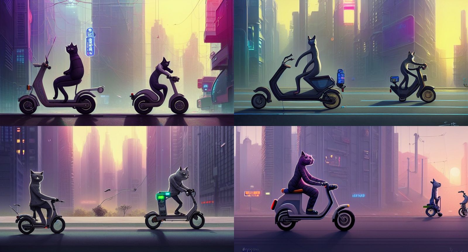 Grey Cat Rides Scooter in Cyberpunk City