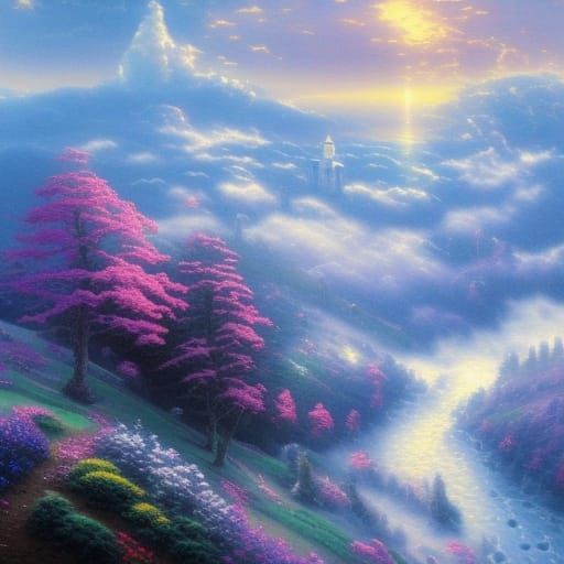 Ethereal Blue Sky Fantasy Landscape with Mist
