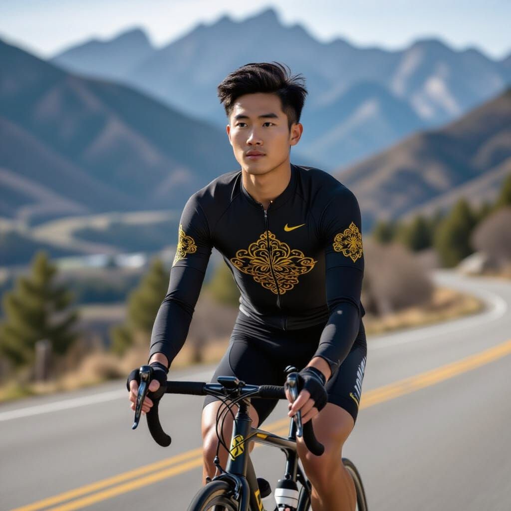Asian Man Cycles Scenic Country Road with Mountains