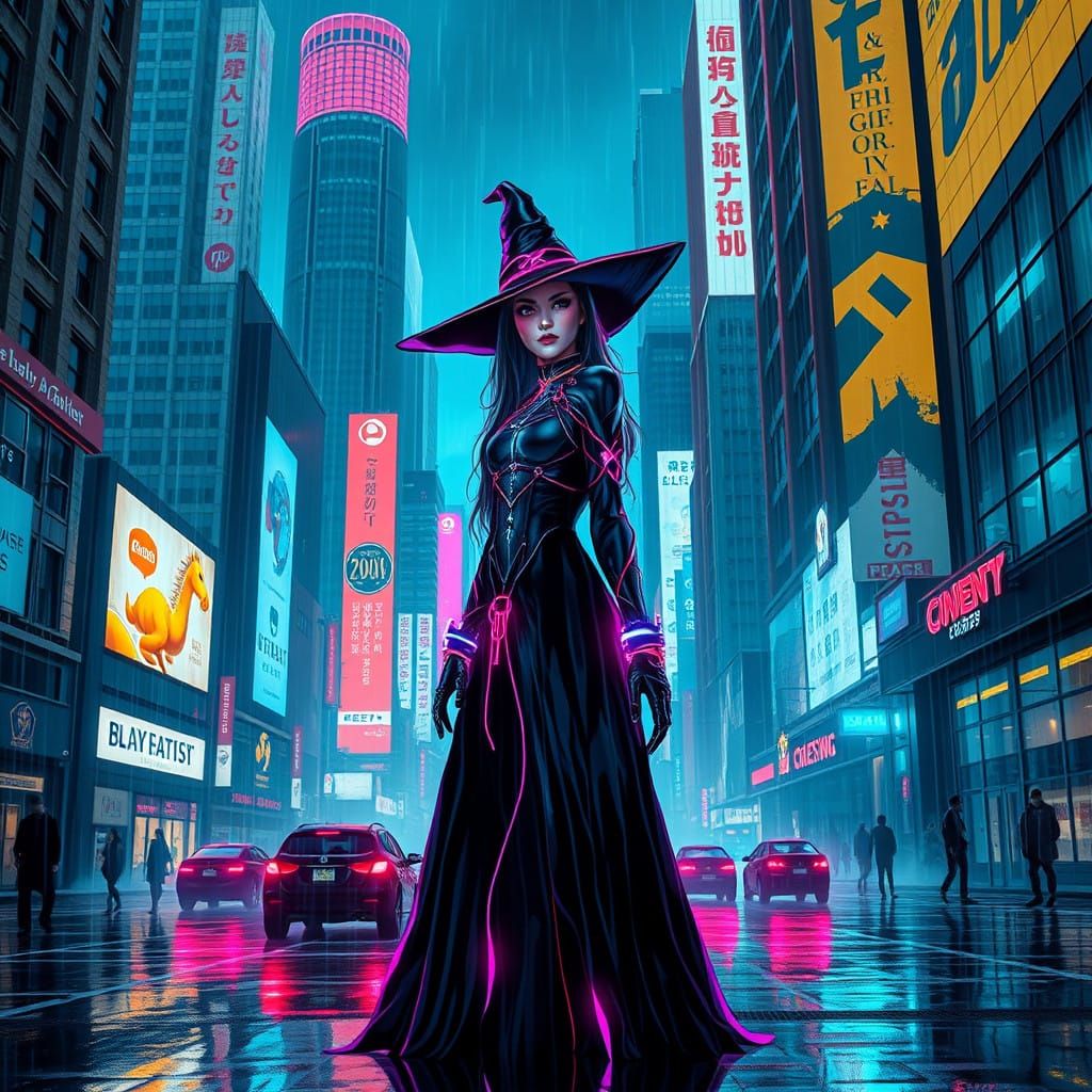 Cyberpunk Christmas Witch in Dystopian Metropolis