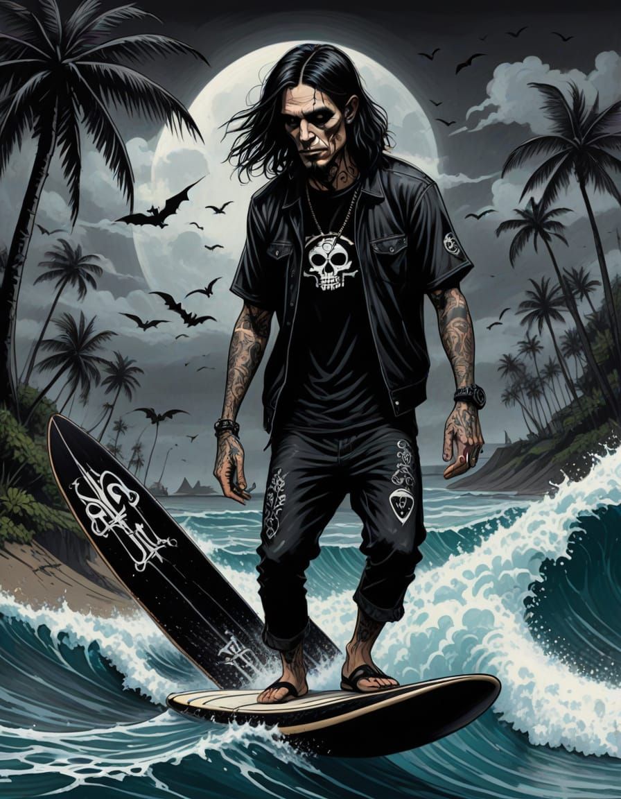 Gothic Surfer Under Dark Tropical Skies with Creepy Tiki Des...