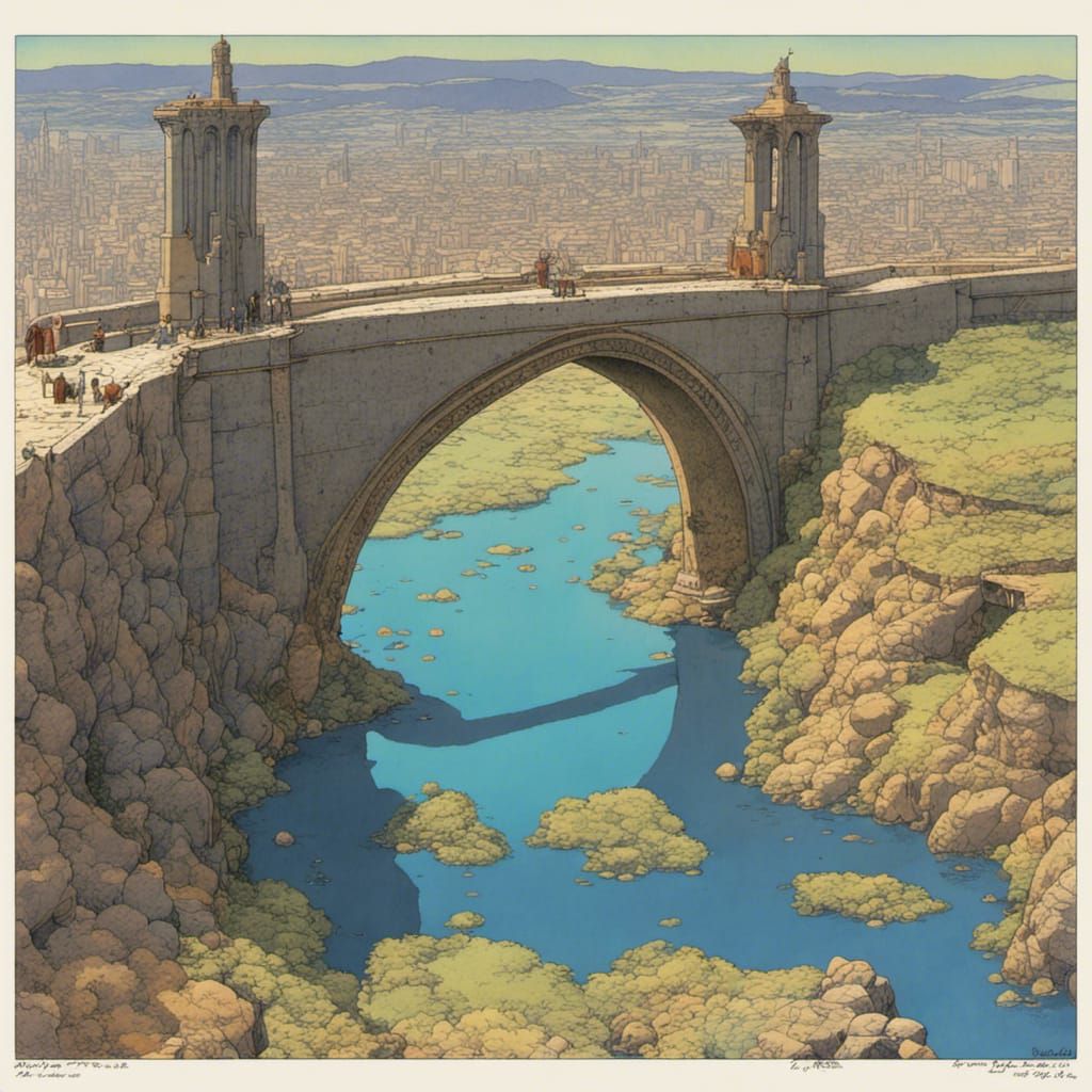 City on Stone Bridge: Moebius-Inspired Art