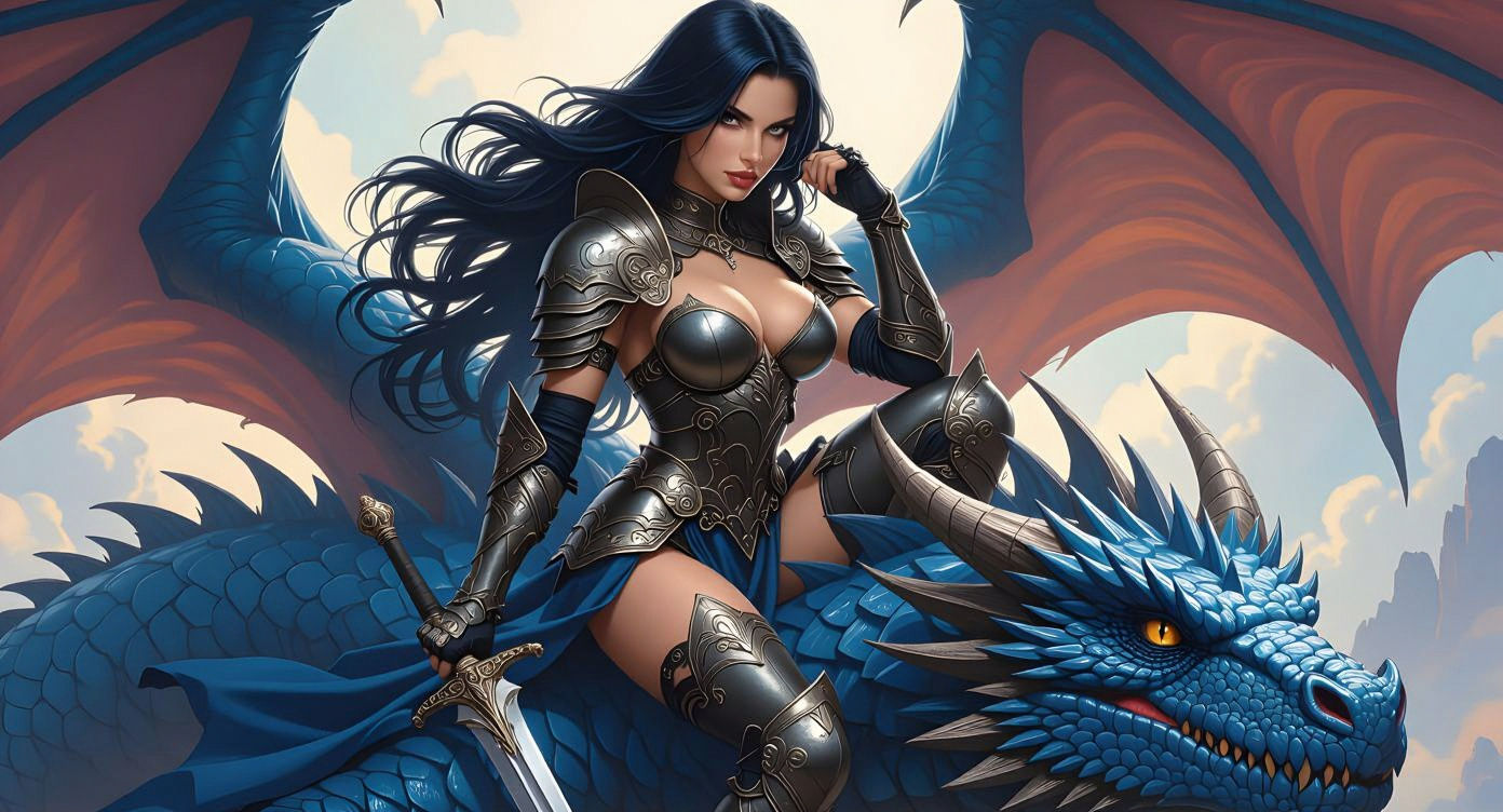 Valkyrie Pin-Up on Dragon in Hyperrealistic Style