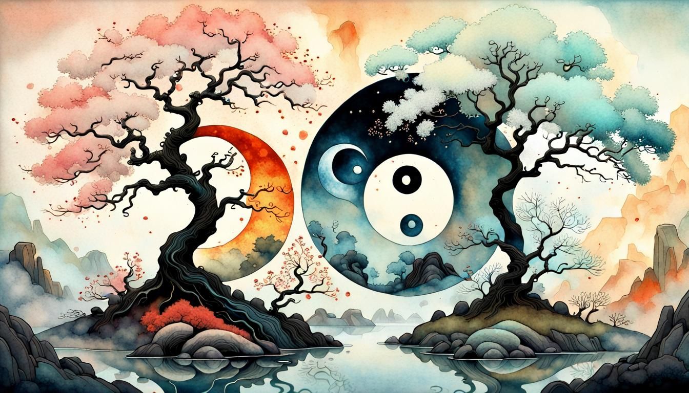 Yin Yang Landscape in Misty Pastel Watercolor