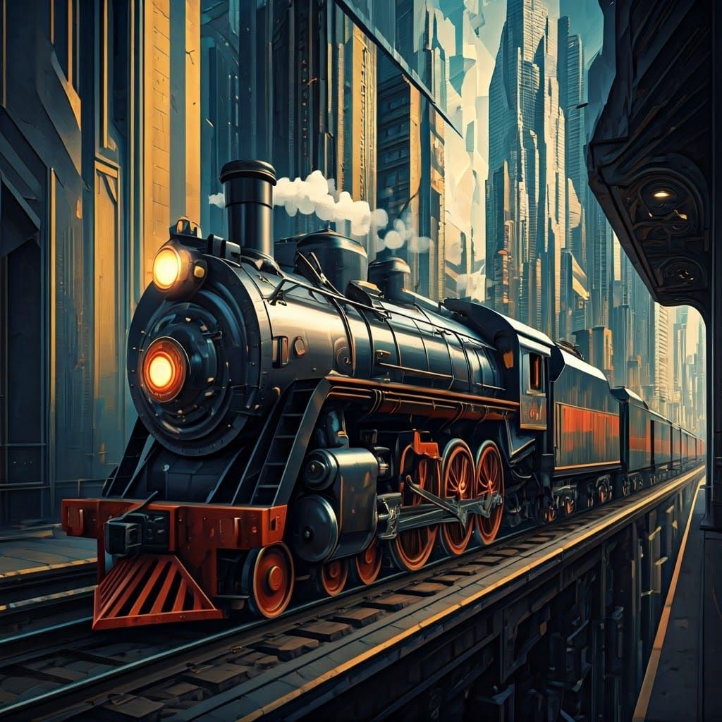 Cubist Woman Rides Locomotive in Kaleidoscopic Cityscape