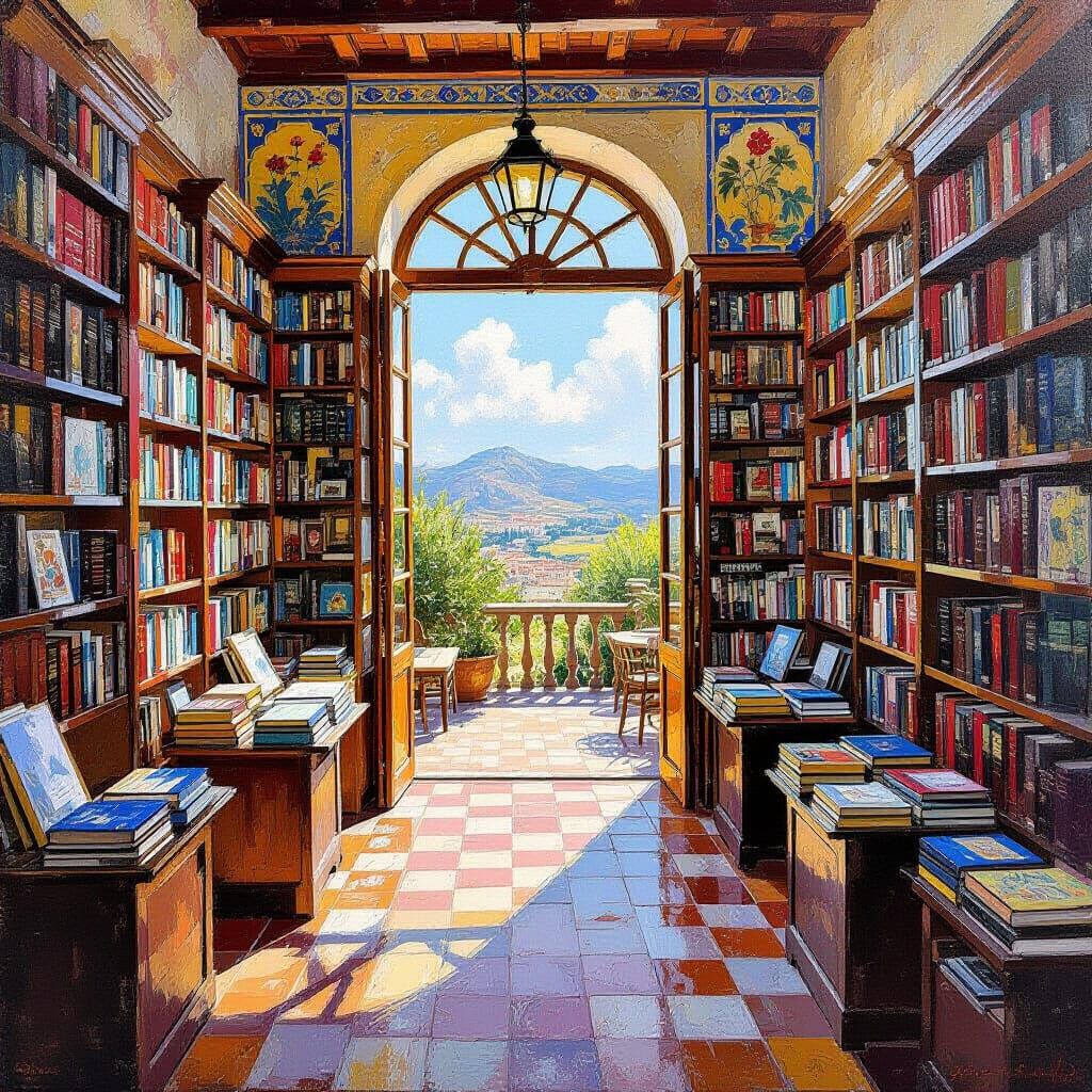 Vintage Bookstore Interior in Neo-Impressionist Style