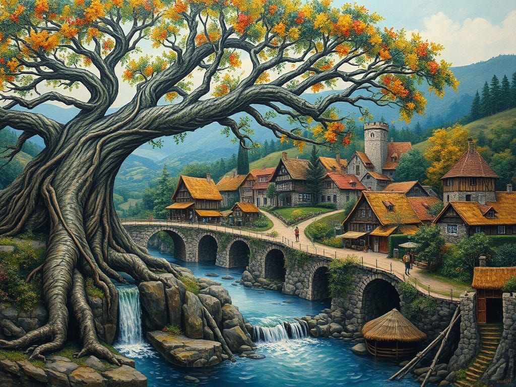 Ancient Tree Enthroned Amidst Quaint Medieval Village