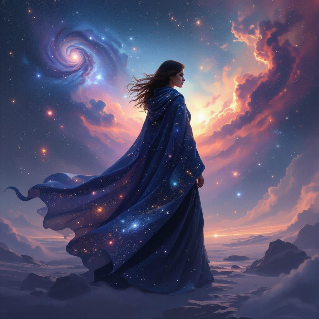 Cosmic Woman in Starry Cloak, Digital Painting