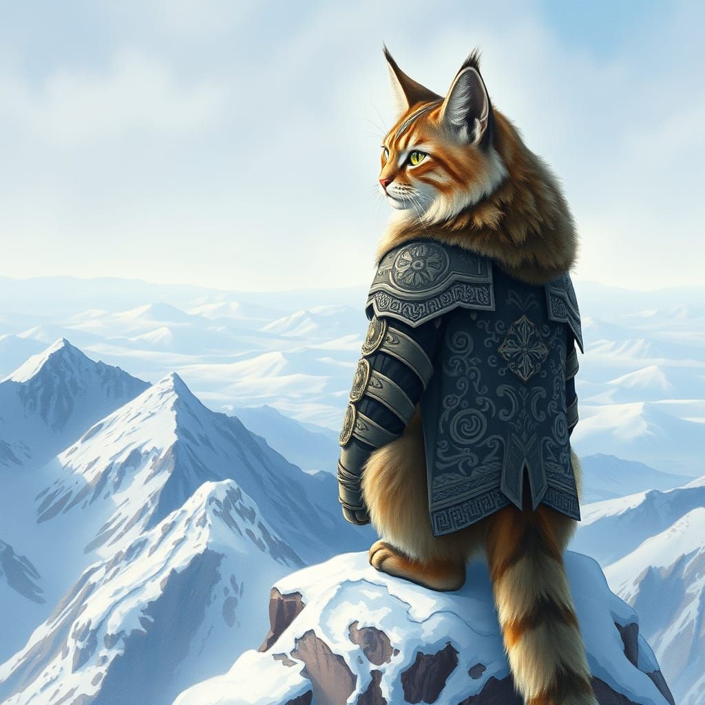 Armored Warrior Cat on Snowy Peak
