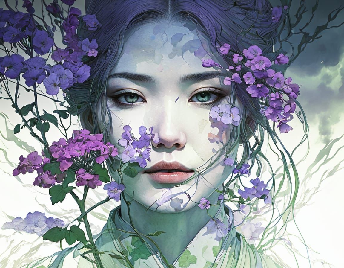 Serene Woman's Face Amidst Spring Flowers and Storm Landscap...