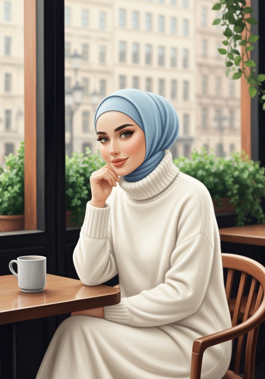 Hijabi Woman in Cozy Cafe, Color Pencil Painting
