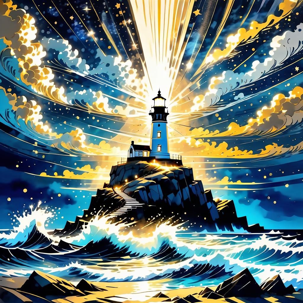 Lighthouse at Night Under Starry Sky, Ink Painting