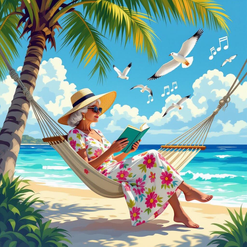 Woman in Hammock by the Sea in Surreal Style