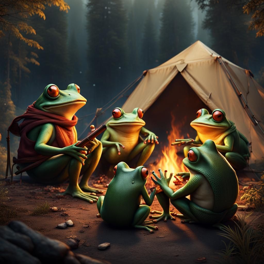 Frogs Camping, Smoking Cigars, Fantasy Concept Art