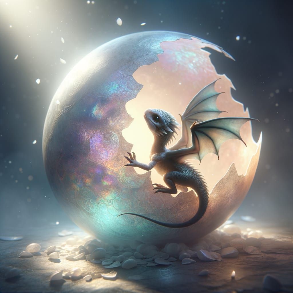 Baby Dragon Emerges from Iridescent Moon Egg