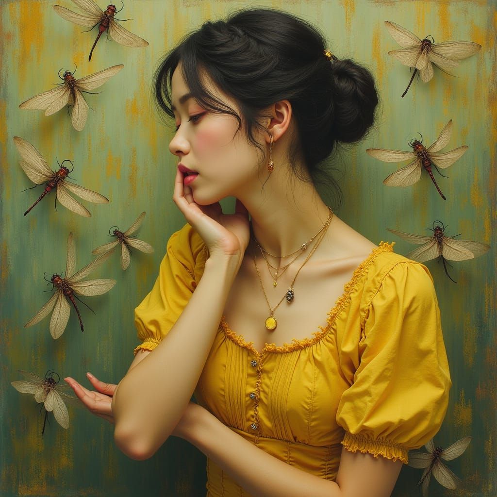 Mystical Woman Surrounded by Whimsical Dragonflies in a Drea...