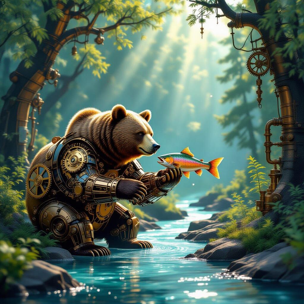 Clockwork Bear Hunts Salmon in Steampunk Forest