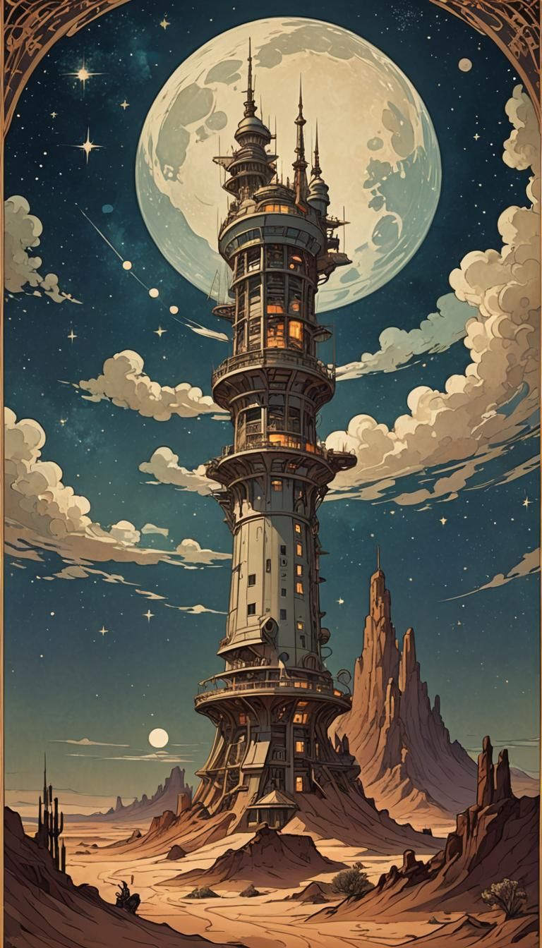 Desert Night Sky with Space Battleship, Art Nouveau