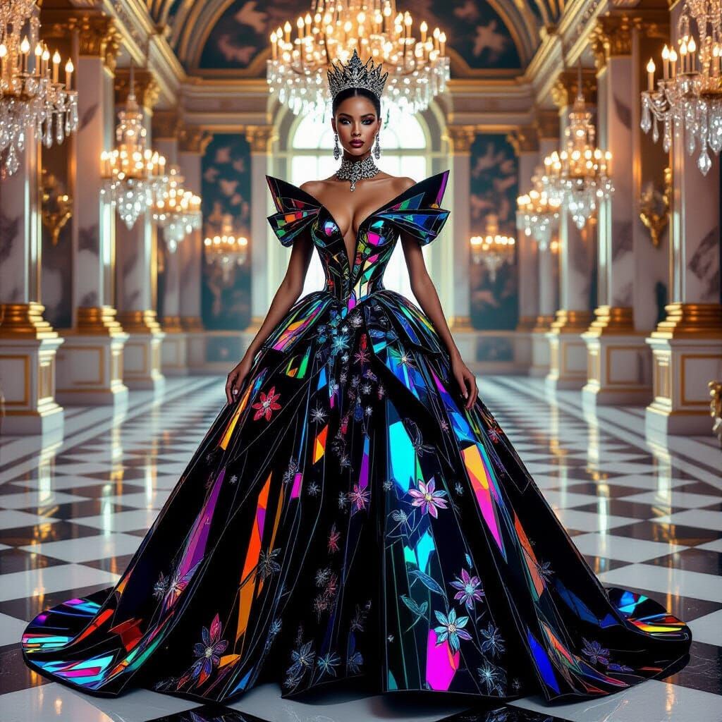 Regal Queen in Shimmering Glass Gown in Opulent Ballroom