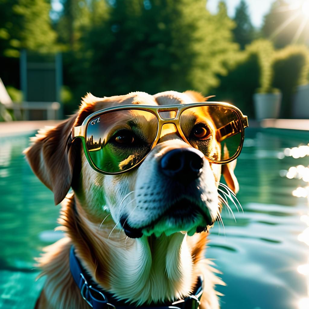 Dog in Sunglasses: Cinematic Poolside Film Still
