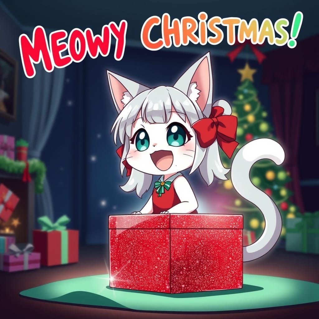 Adorable Anime Catgirl in Christmas Celebration