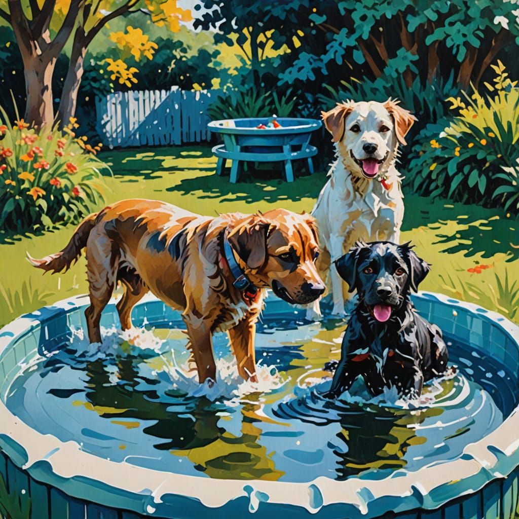 Impressionist Painting of Dogs Playing in a Kiddie Pool