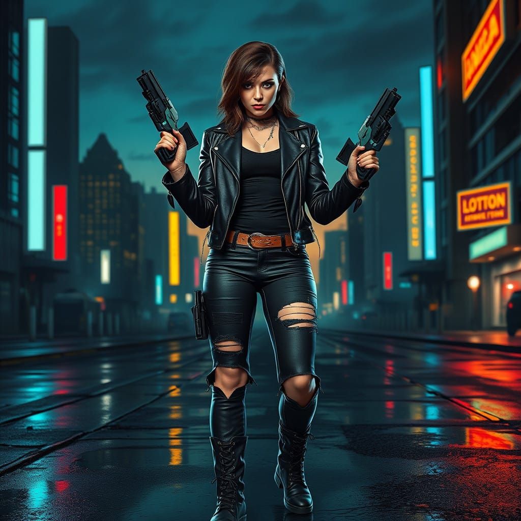 Cyberpunk Warrior Woman in Gritty Cityscape as Syd Mead Insp...