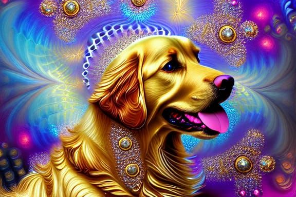 Golden Retriever with Glittering Fractal Gold