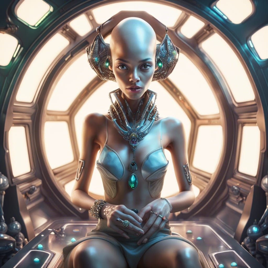 Cute Alien with Diamond Jewelry in Spaceship