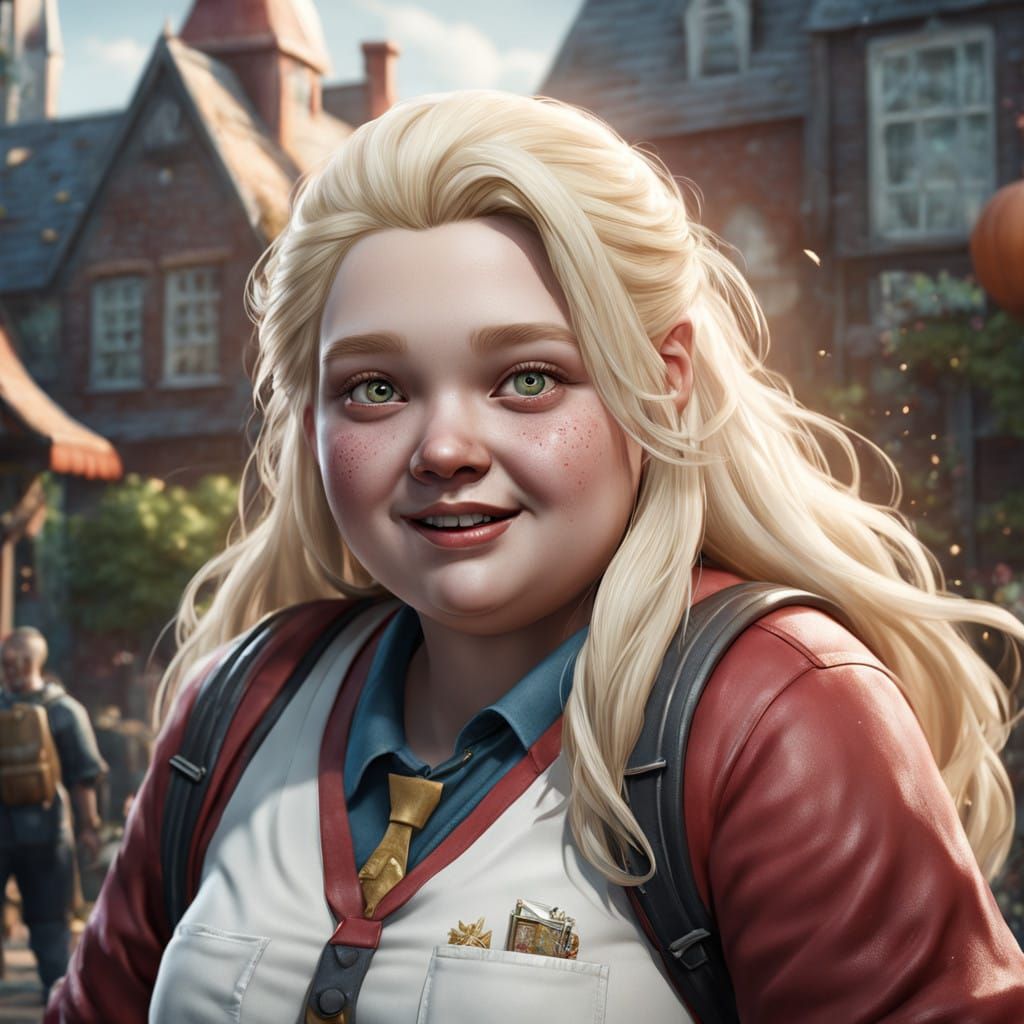 Gigantic Happy Schoolgirl in Fantastical World