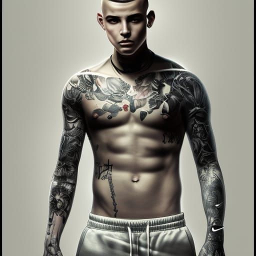 Hyperdetailed Portrait of Tattooed Teen in Tracksuit