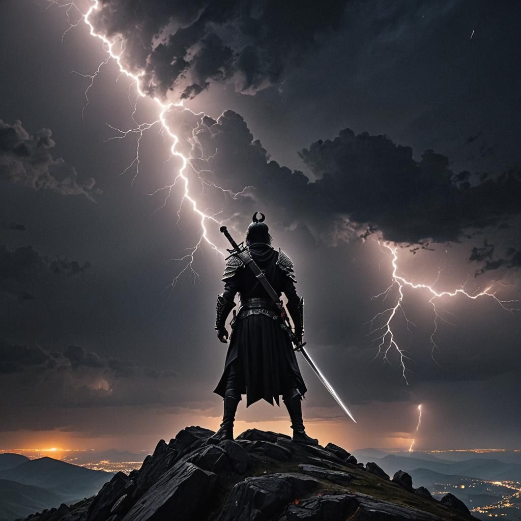 Night Warrior with Diamond Sword on Mountain Peak