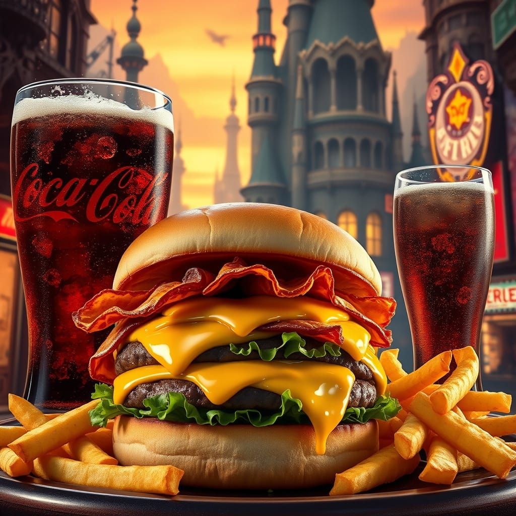 Fantasy Cityscape Hamburger Scene with Coca-Cola
