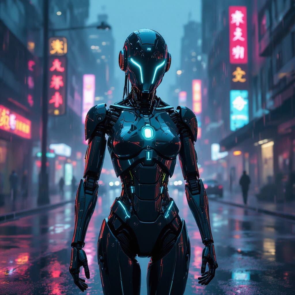 Futuristic Android in Neon Cyberpunk Cityscape