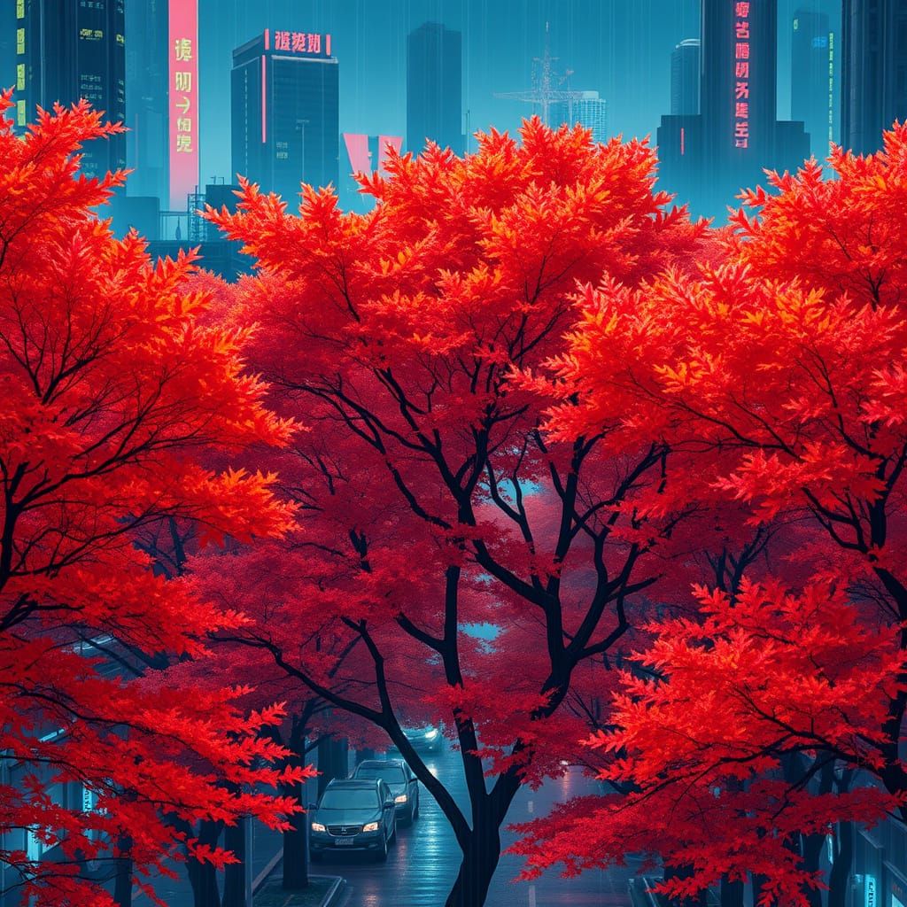Cyberpunk Autumn: Maple Trees in Neon Cityscape