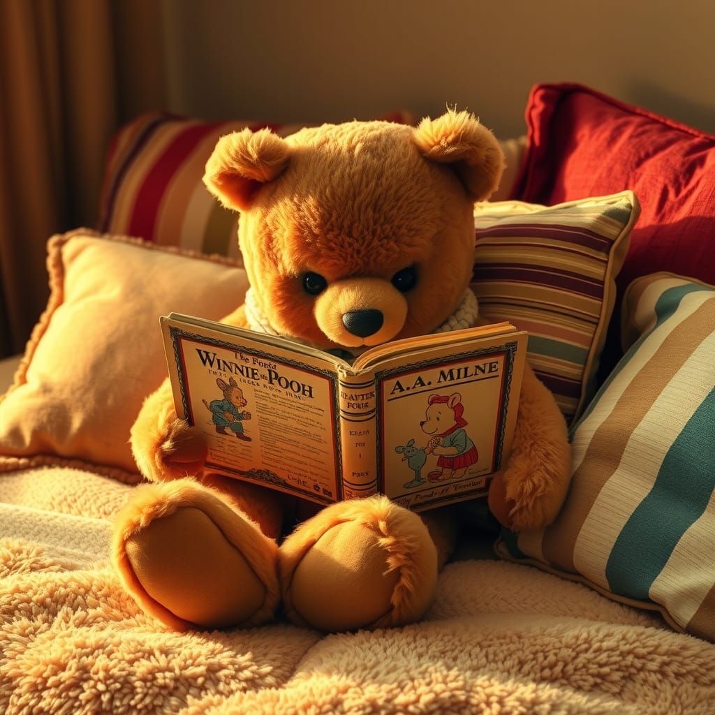 Teddy Bear Reading Winnie the Pooh, Whimsical Style