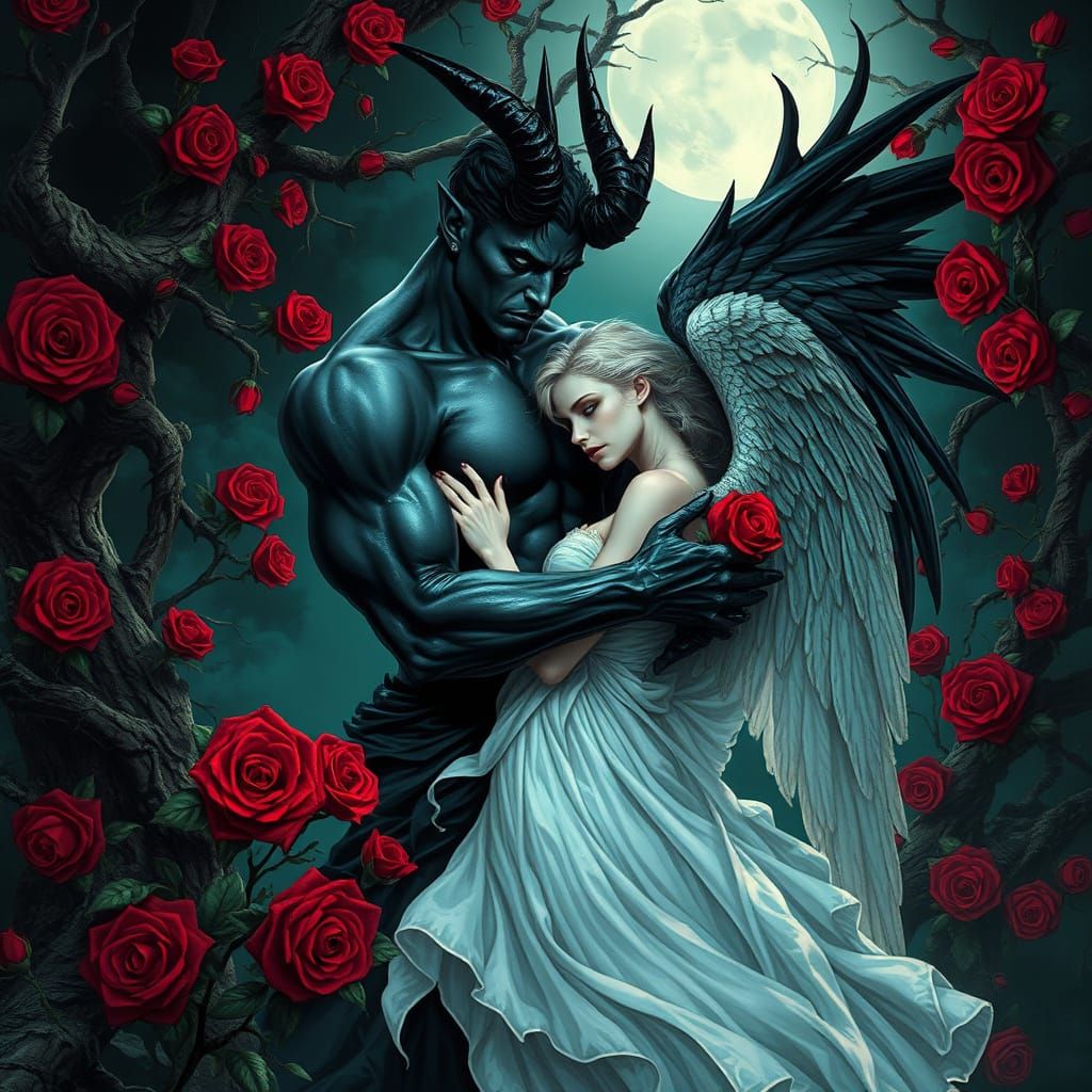 Dark Demon Embracing Radiant Angel in Moonlit Garden