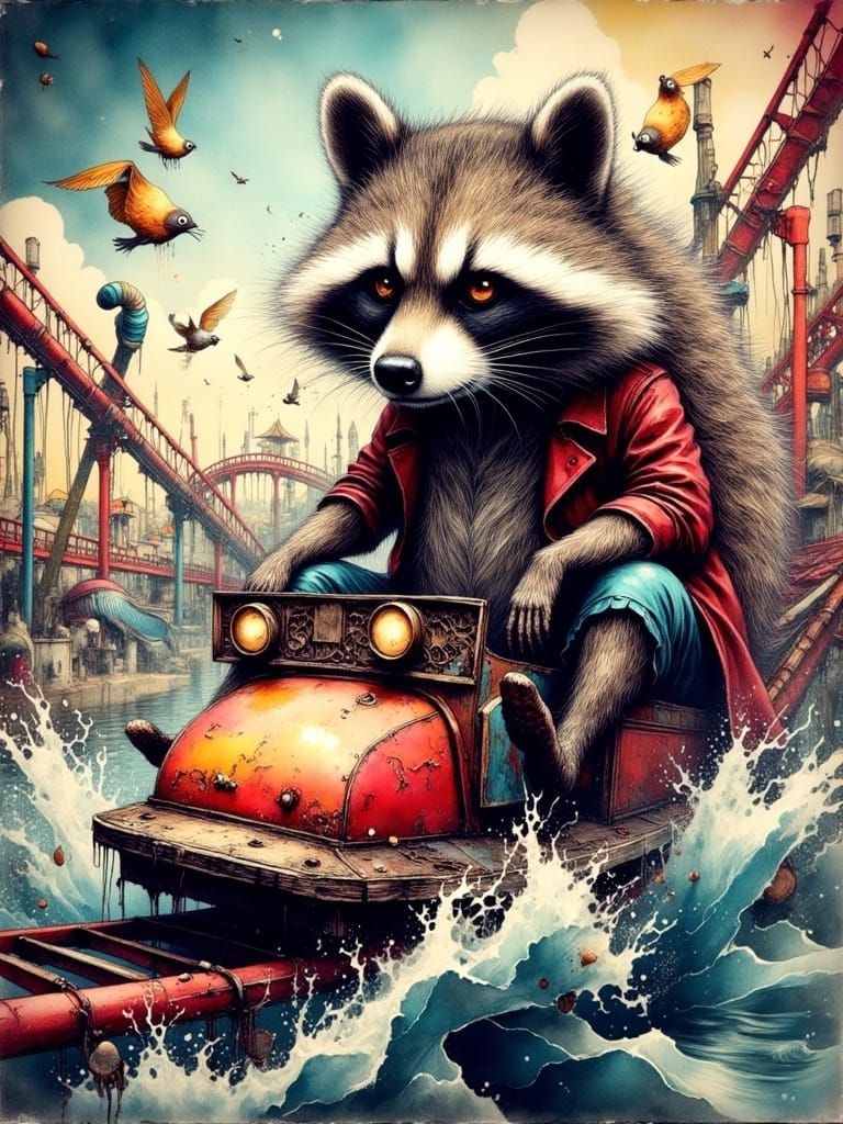 Raccoon's Thrilling Waterfront Roller Coaster Ride in Whimsi...